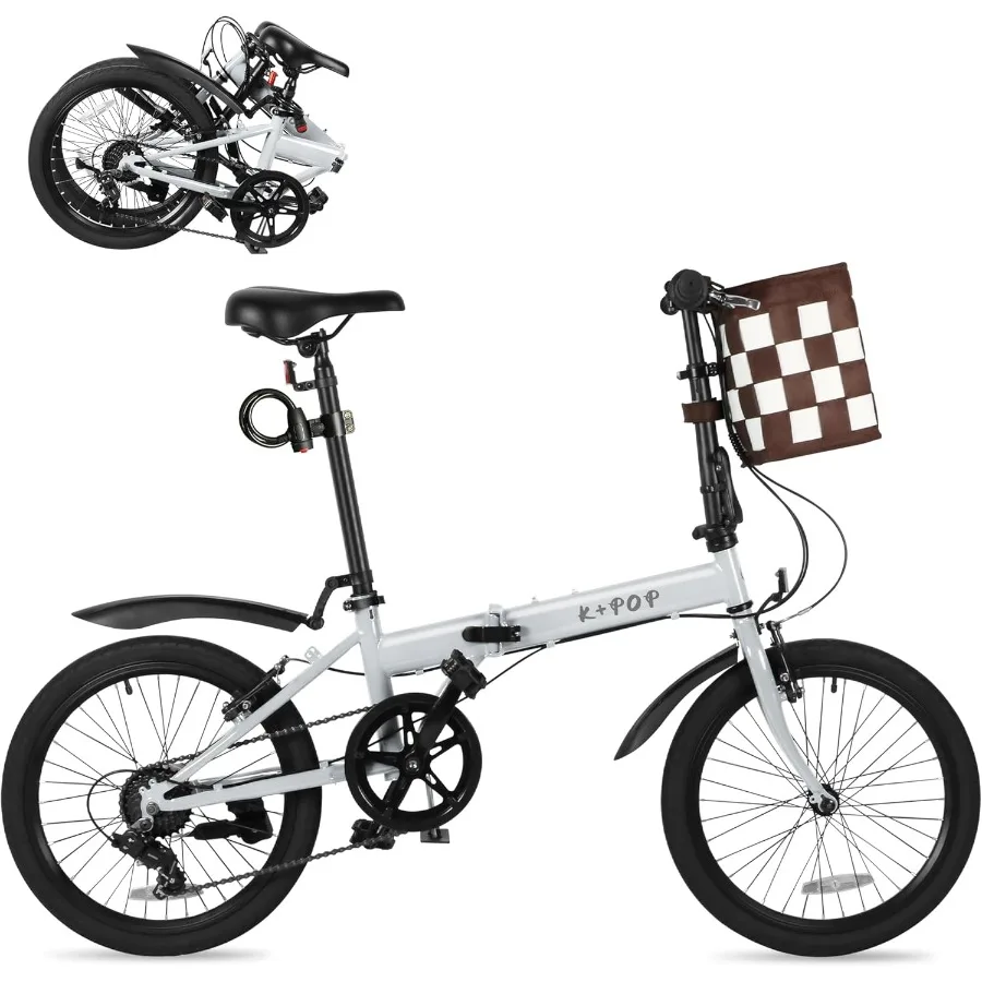 

20 Inch Folding Bike for Adults 7 Speed Foldable Bike with Basket Lightweight Folding Bicycle with Adjustable Seat Front and Re