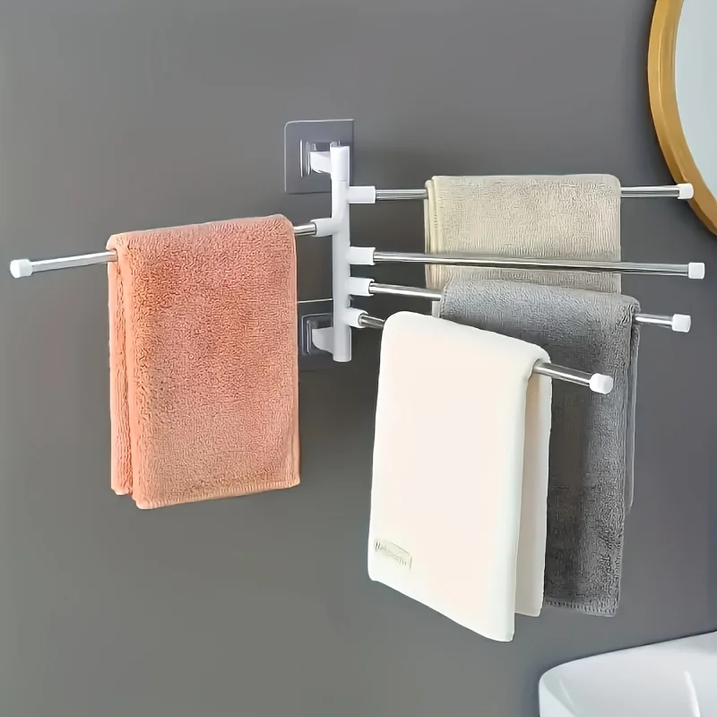 Stainless Steel No-Drill Towel Rack - 5 Swivel Bars, Wall Mount for Bath & Kitchen