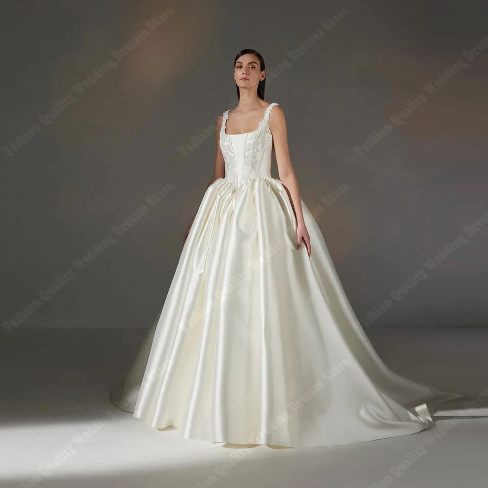 

2025 Square-Neck A-Line Wedding Dresses Elegant Sparkling Satin Bride Gowns Mopping Length Banquet Vestidos De Novias Customized