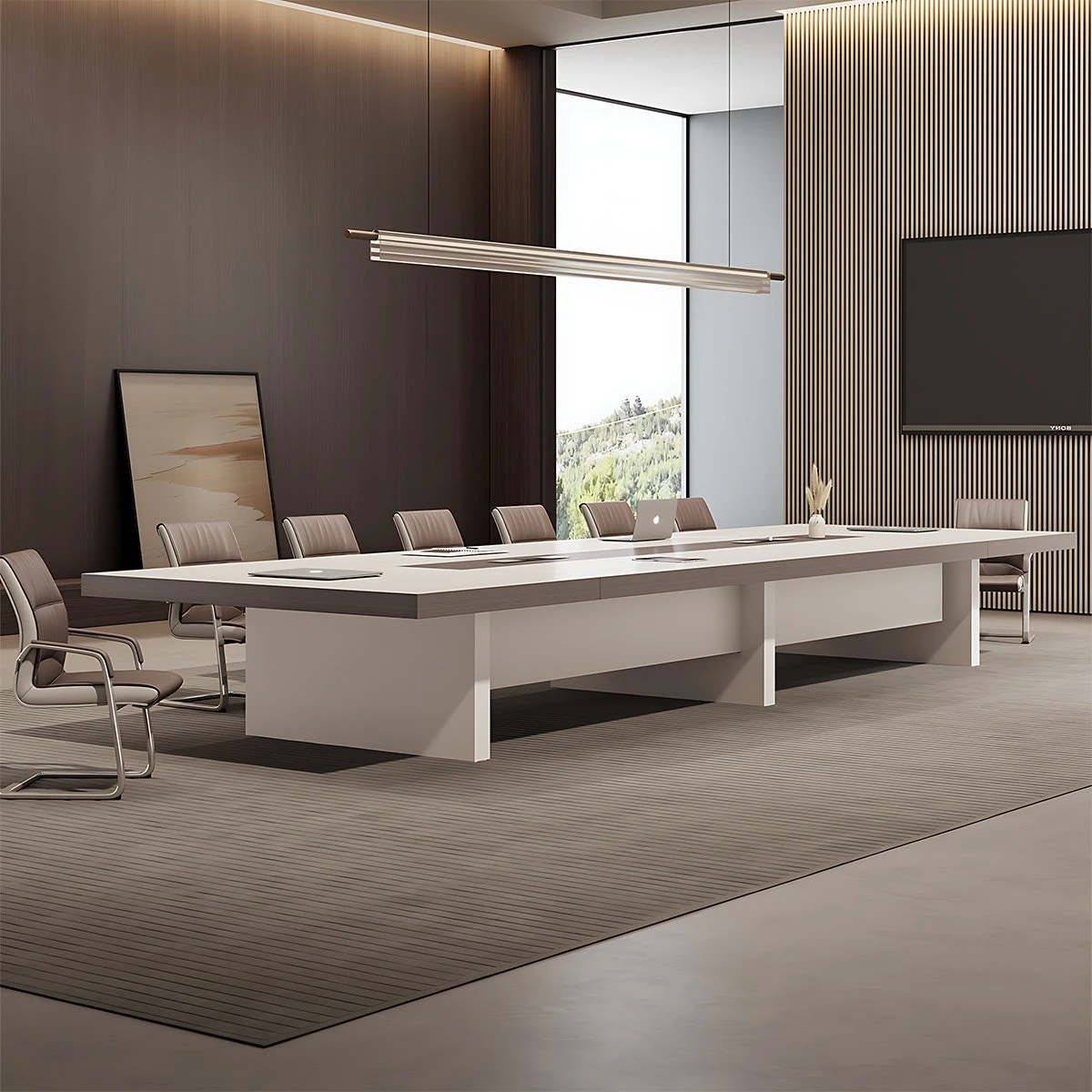 Modern Conference Table 87 To 315 In Wide (7 To 26 Ft) For 6 To 26 People With Built-In Power Outlets Steel Frame