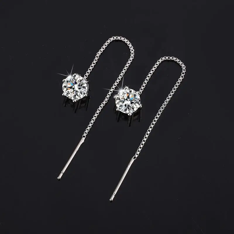 New 6mm Round Moissanite Diamond Tassel Long Threader Earrings For Women Classic Six-Claw Ear Wire Jewelry