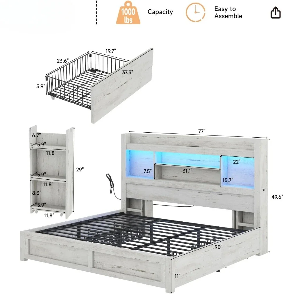 King Bed Frame with 4 Storage Drawers, LED Bed Frame with 49.6