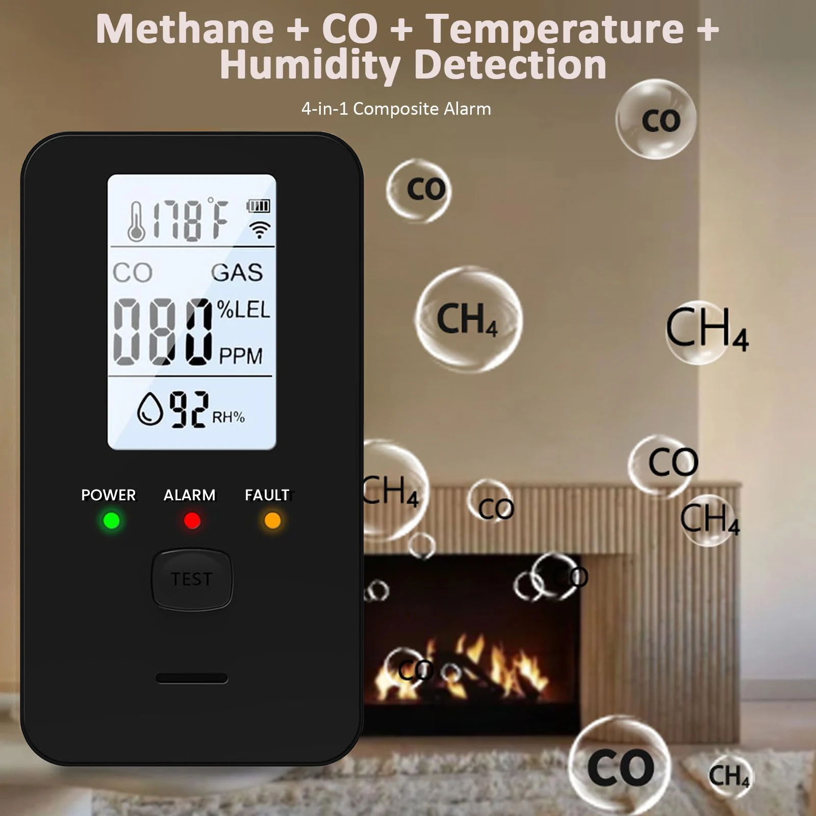 4-in-1 Gas & Carbon Monoxide Detector Plug in with LED Color Display Rv Methane Gas Detector for Home Apartment Hotel