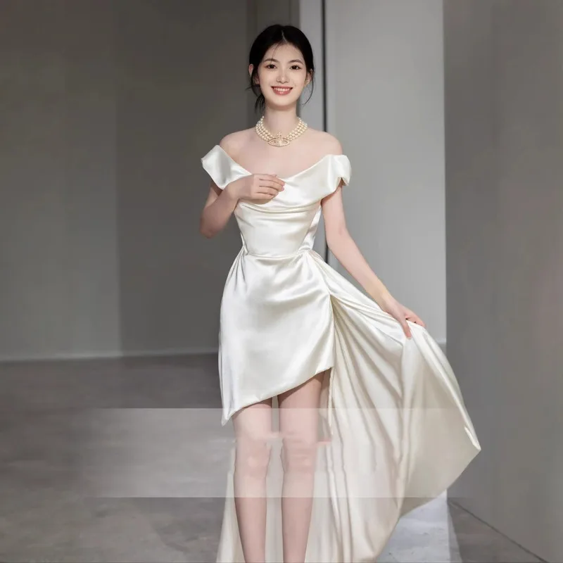

French Style Satin Light Wedding Small Gown White High-End Bride Marriage Engagement Registration Travel Shoot Going Out Dress
