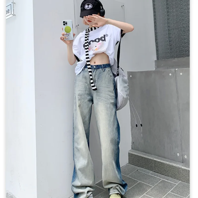 American Macaron Gradient Tie Dye Jeans Y2K High Waist Baggy Wide Leg Pants Street Fashion Straight Denim Trouser Ladies Summer