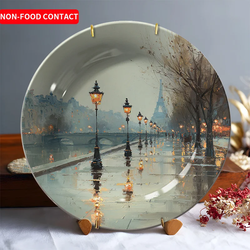 Plato decorativo de cerámica con ilustración de reflexiones de calles lluviosas de París, adecuado para familias, salas de estar y oficinas