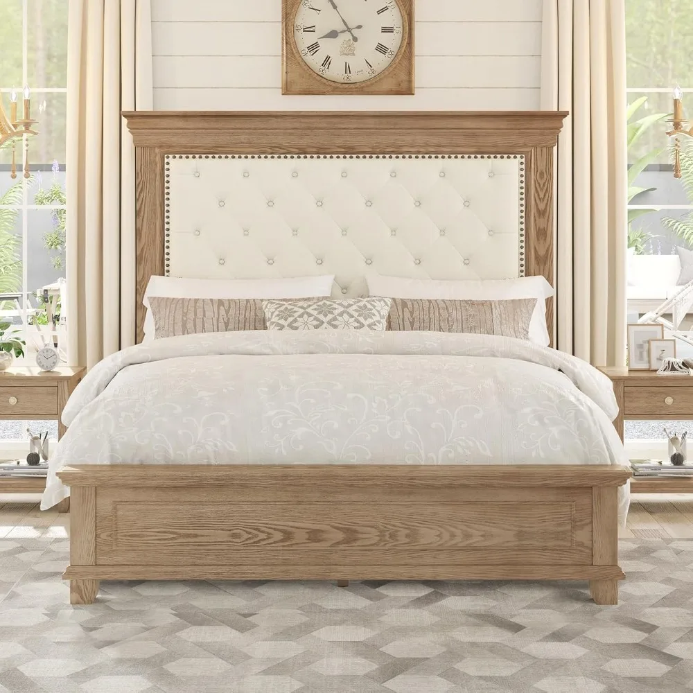 

Queen Rustic Solid Wood Bed Frame With 68" Tall Headboard, Farmhouse Chenille Upholstered Panel Platform Bed Mattress Frame, But