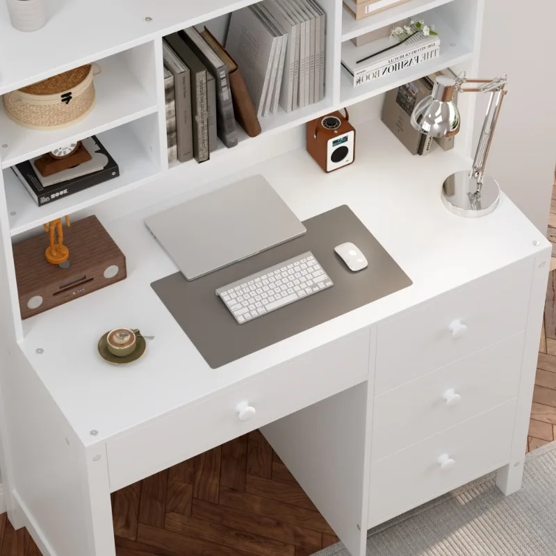 White wooden computer desk with shelves and drawers  home office study desk with chair modern laptop workstation
