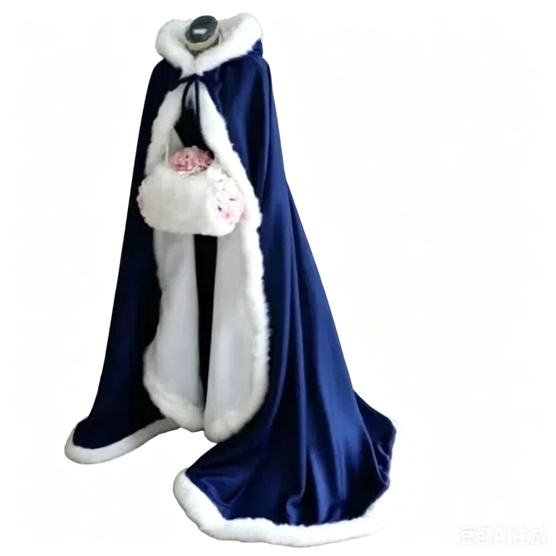 Navy Blue Hooded Cloak Bridal Cloak Winter Long Faux Fur Bordered Wedding Cloak Custom Size Fur Wrap