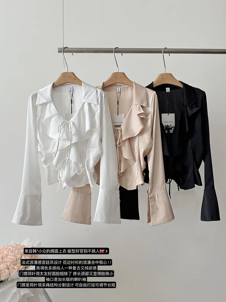 Sweet V-Neck Satin Shirts Chic Flare Sleeve Thin Lace Up Blouses Office Lady Simple Solid Crop Top New Design Formal Occasion