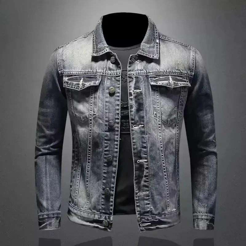 

Denim Jacket Men's American Retro Personality Slim Fit Stand-Up Collar Zipper Jacket Cycling Motorcycle Suit