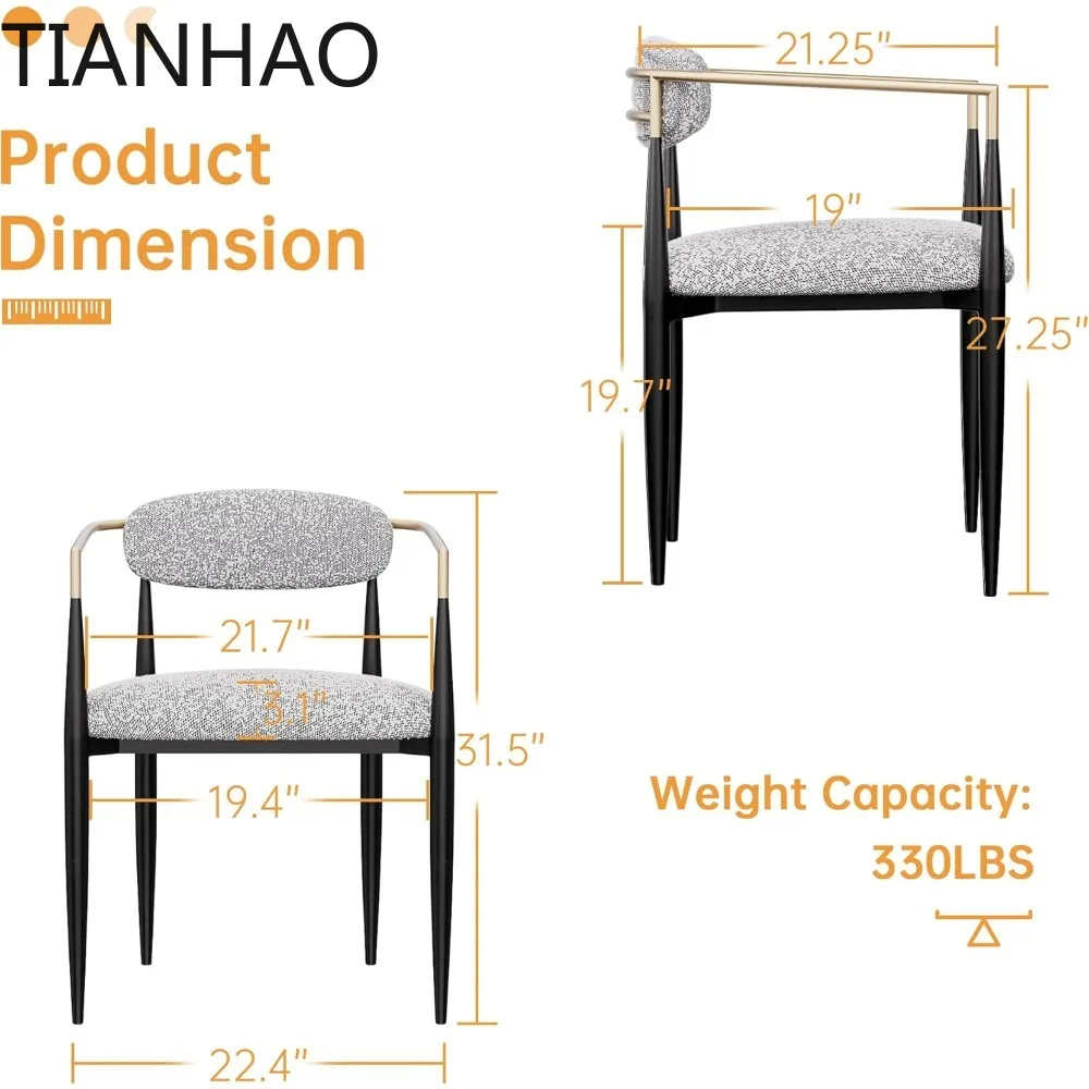 Modern Boucle Dining Chairs Set of 2, Grey Upholstered Dining Chairs with Black Metal Legs and Gold Armrest, Accent Chairs