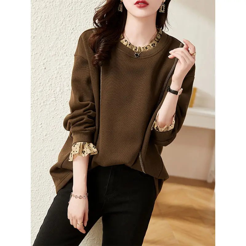 

Lace panel hoodies pullover women autumn and winter 2023 European loose long-sleeved fake two-piece pullover pullover female top