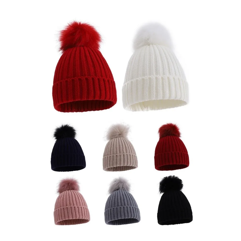 Solid Color Ribbed Knit Beanie Single Pom Pom Ribbed Knit Faux Fur Pom Beanie Windproof Faux Fur Winter Beanie Hat Winter Season