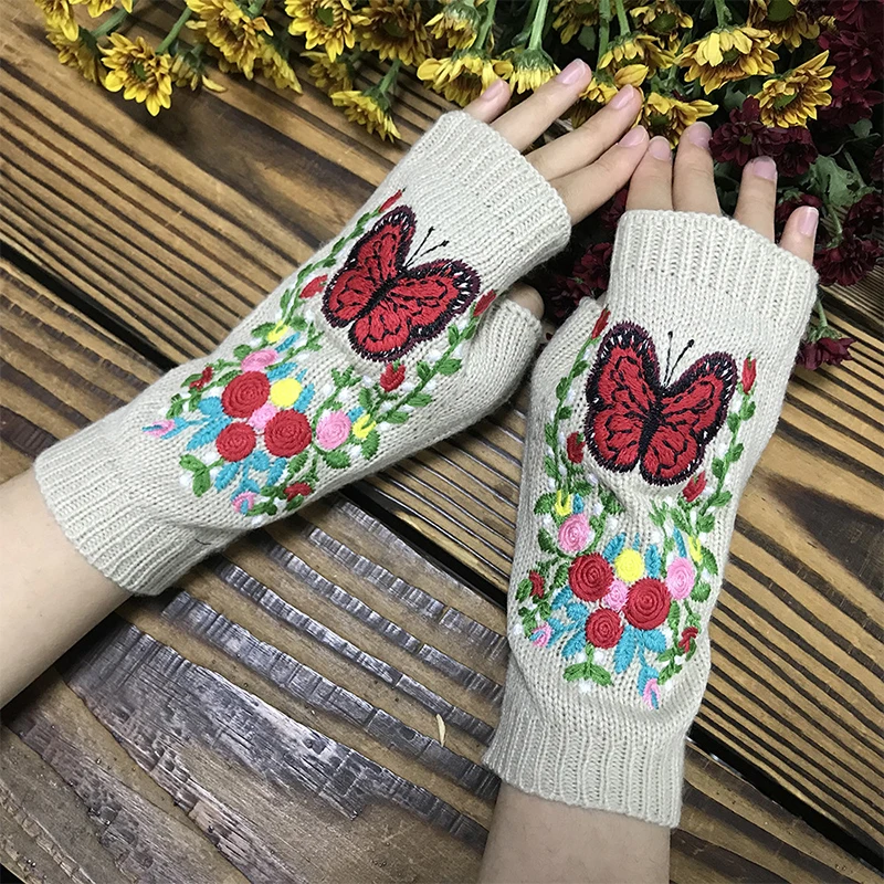 

Women's Winter Knitting Extended Wrist Fingerless Gloves Colorful Embroidery Crochet Art Retro Glove Warmer