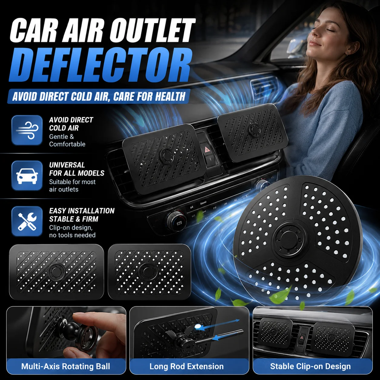 Car Air Outlet Deflector Universal Clip On Air Vent Wind Shield Multi Axis Rotating Ball Avoid Direct Cold Air Easy Install