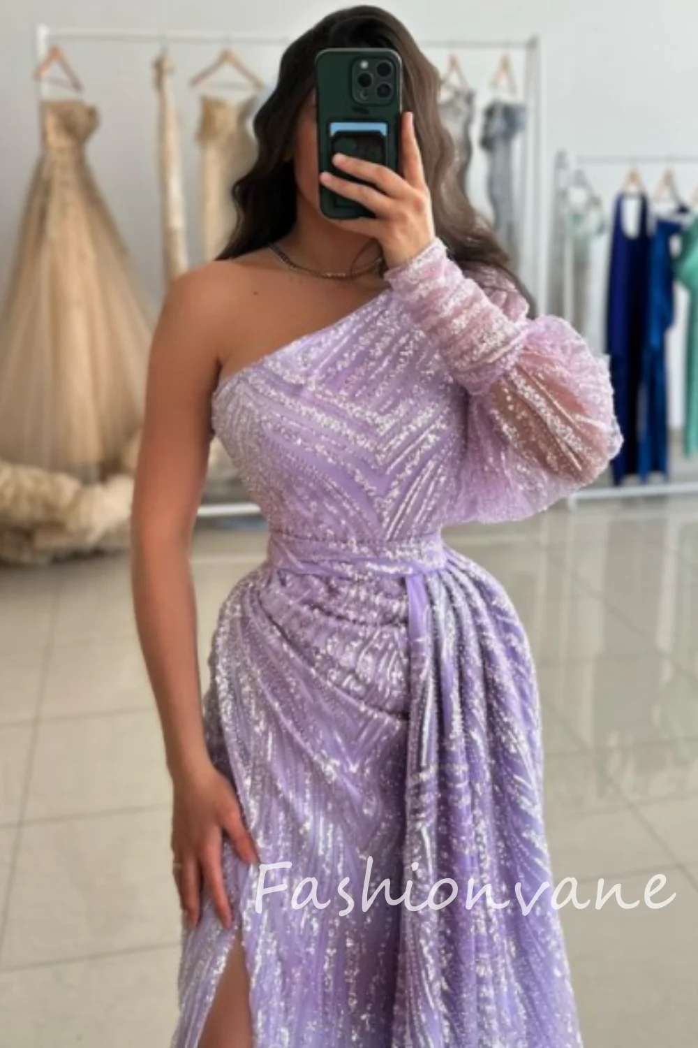 Fashionvane Customized Sheath One Shoulder Long Lantern Sleeves Appliques High Side Slit Floor Length Prom Formal Evening Dress