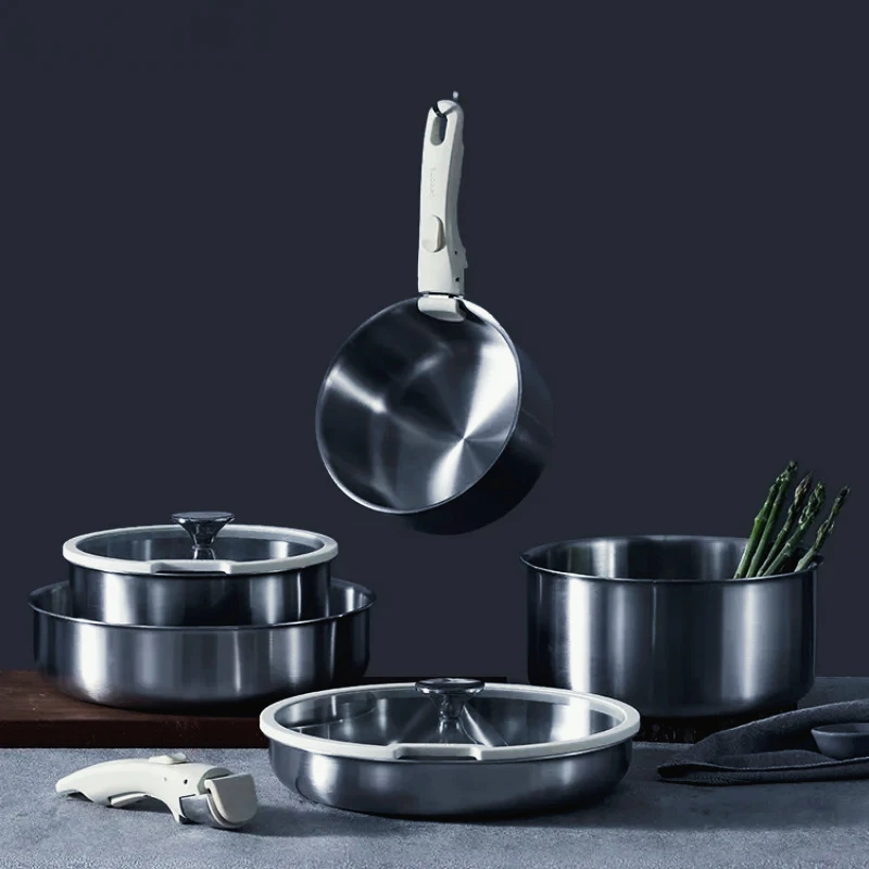 Stainless Steel Pot Set Detachable Handle Pans Kitchen Utensils Non Stick Frying Pan Complete Cooking Collection for Home