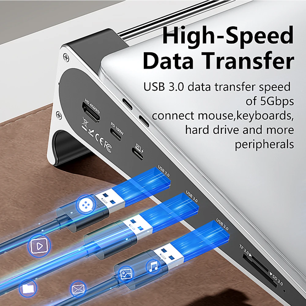 KEBIDUMEI 8-in-1 Laptop Docking Station Bracket USB3.0 4K60Hz Gigabit Ethernet PD 100W SD TF Card Stand Computer Accessories