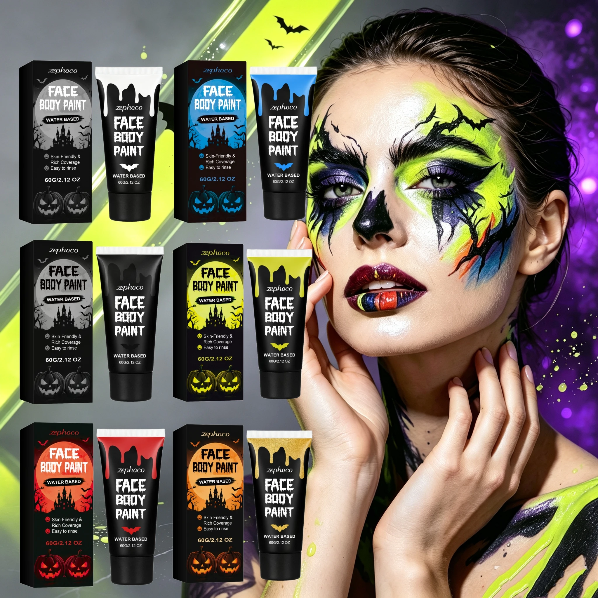 Halloween Face Body Makeup Paint 60g Water Based Non Toxic Washable Rich Pigment Costume Face Painting Gel For Kids Adults Party