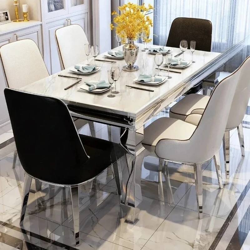Marble Dining Tables and Chairs Set Rectangular Stainless Steel Tableware Stone Plate dinning table set furniture dining table