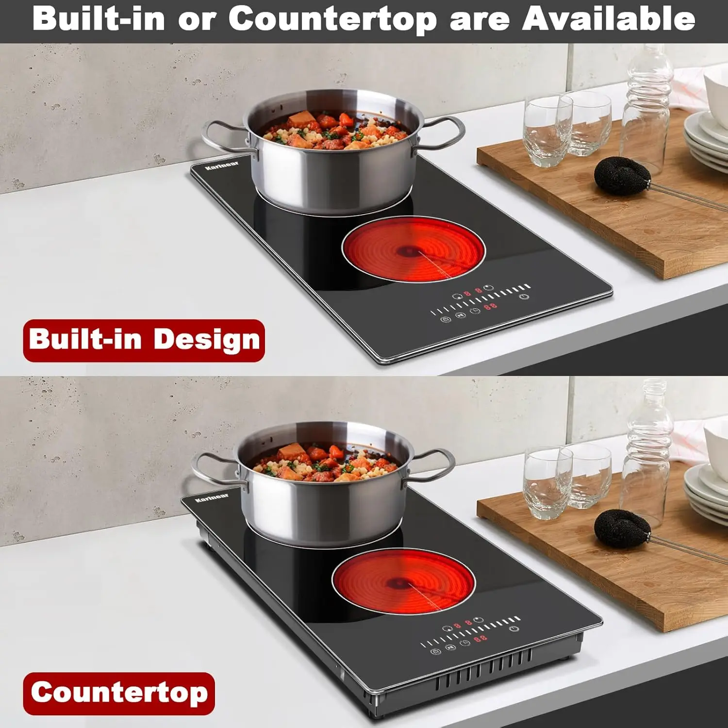 Karinear เตาไฟฟ้า12นิ้ว2หัว, ท็อปเคาน์เตอร์และในตัวโครงโลหะป้องกันการเลื่อนการควบคุมแบบแข็งแบบมีสายไม่มีปลั๊ก