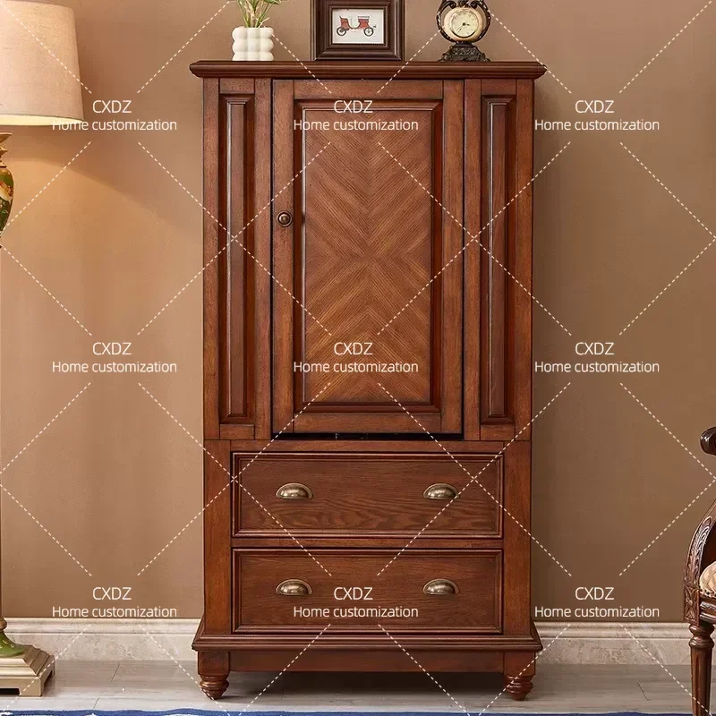 Solid Wood Floor to Ceiling Jewelry Cabinet Retro Multi Functional Cosmetic Storage with Mirror Integrated Dressing Bucket