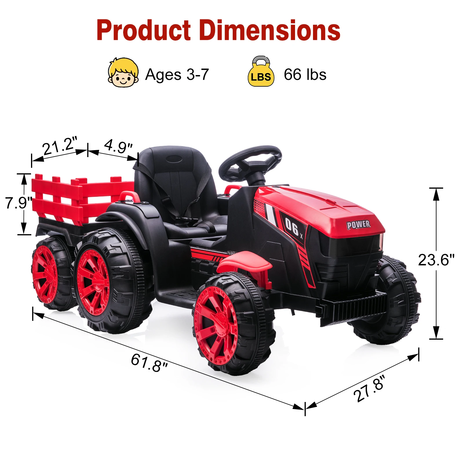 Kinderen rijden op tractor met aanhangwagen 12V batterij-aangedreven elektrische kinderauto voertuig speelgoed met dubbele motoren afstandsbediening LED-verlichting