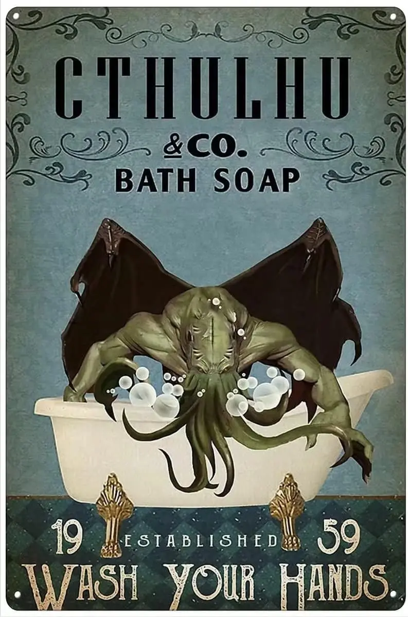 Interesting bathroom Octopus Metal logo Cthulhu shower Cap Hand washing tin logo Retro plaque Wall decoration suitable for home