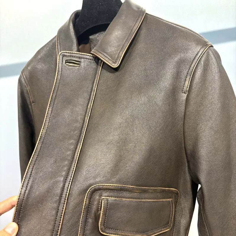 여성용 가을 겨울 브라운 빈티지 가죽 재킷 최상급 양가죽 고품질 숏 길이