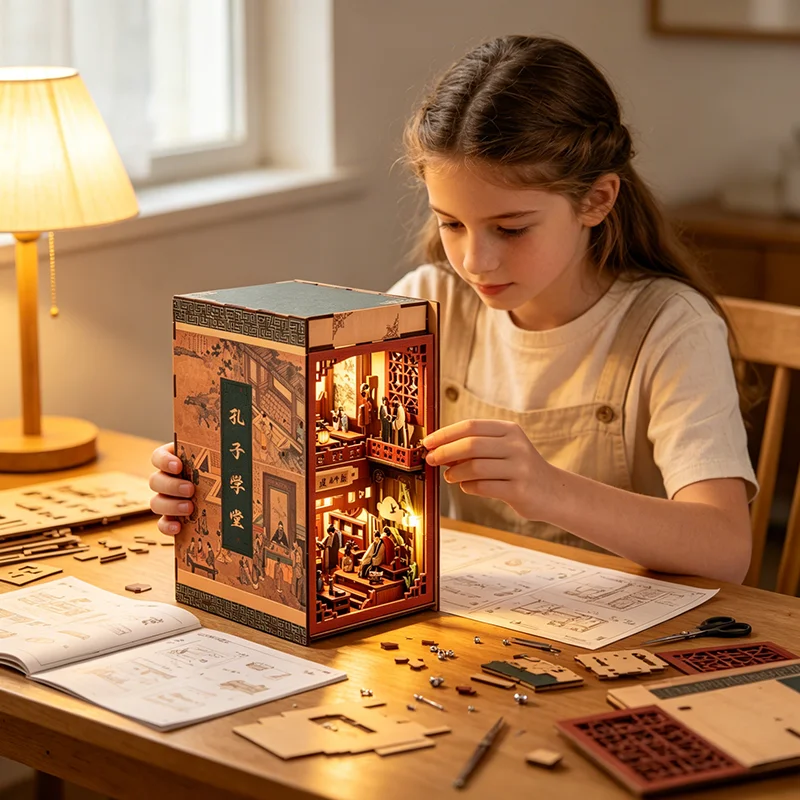 Wooden DIY Book Nook Puzzle Hand-Assembled Confucian-Themed Miniature Diorama Desk Decor Gift for Craft Lovers