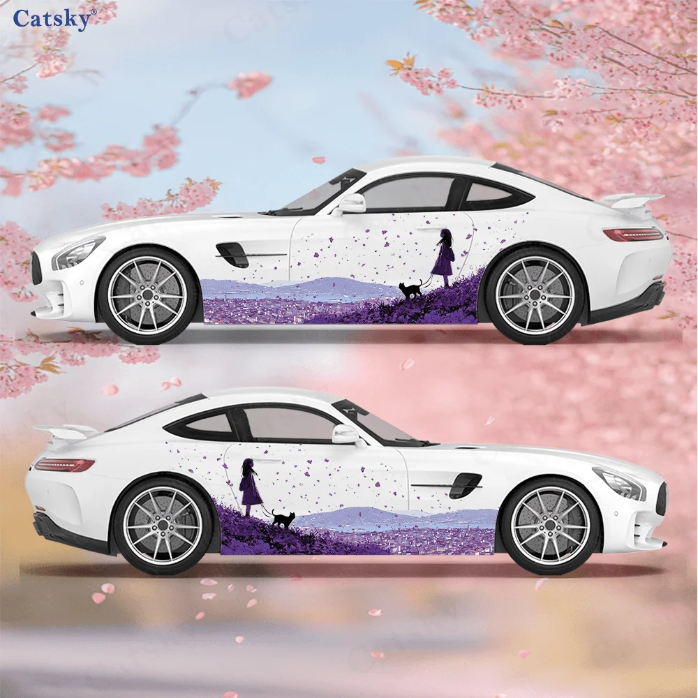 

Girl Cat Flower Sea Car Side Sticker Decoration, PVC Waterproof Scratch Resistant Decal, Car Protection, Auto Accessories Gift