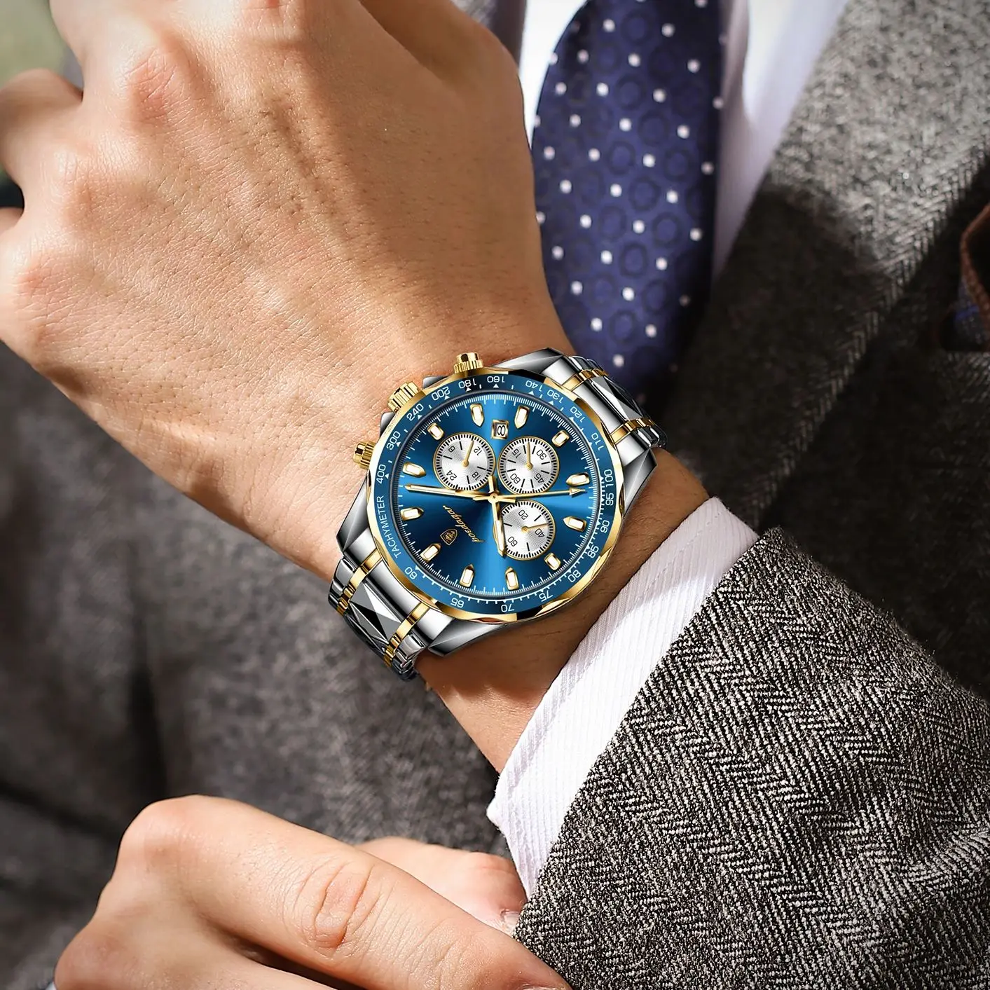 POEDAGAR หรูหรานาฬิกาผู้ชายกันน้ําส่องสว่างวันที่นาฬิกาโครโนกราฟสําหรับผู้ชายสแตนเลสแฟชั่นกีฬาควอตซ์ผู้ชายนาฬิกา