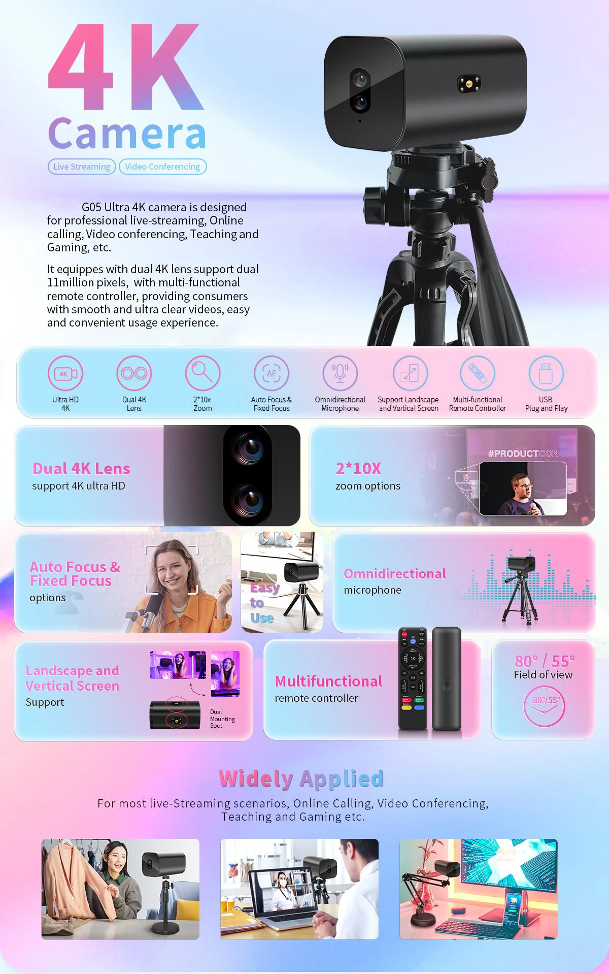 4K Ultra HD Webcam with Dual 4K Lens Auto Focus Camera with 10x Zoom Options for Professional Live Streaming and Broadcasting
