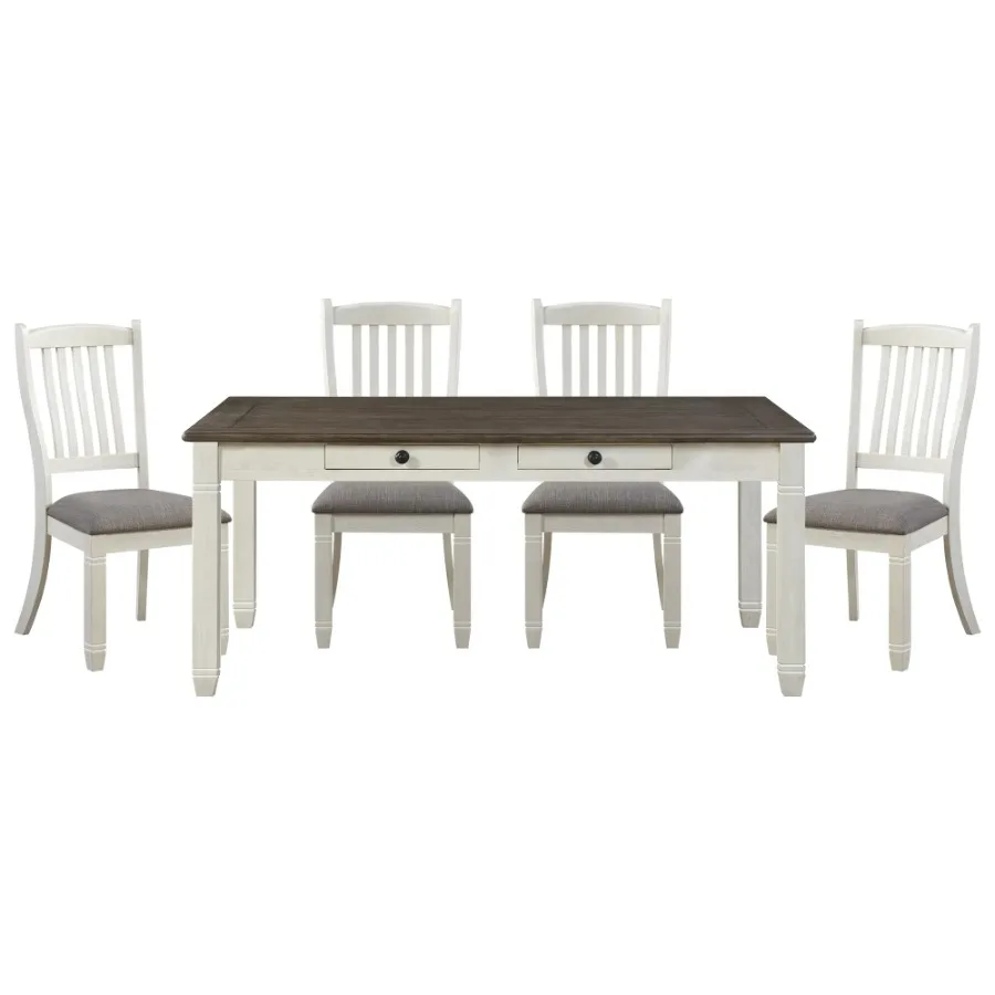 Antique White Finish 5pc Dining Set Table 6x Drawers 4x Upholstered Side Chairs Casual Style Furniture