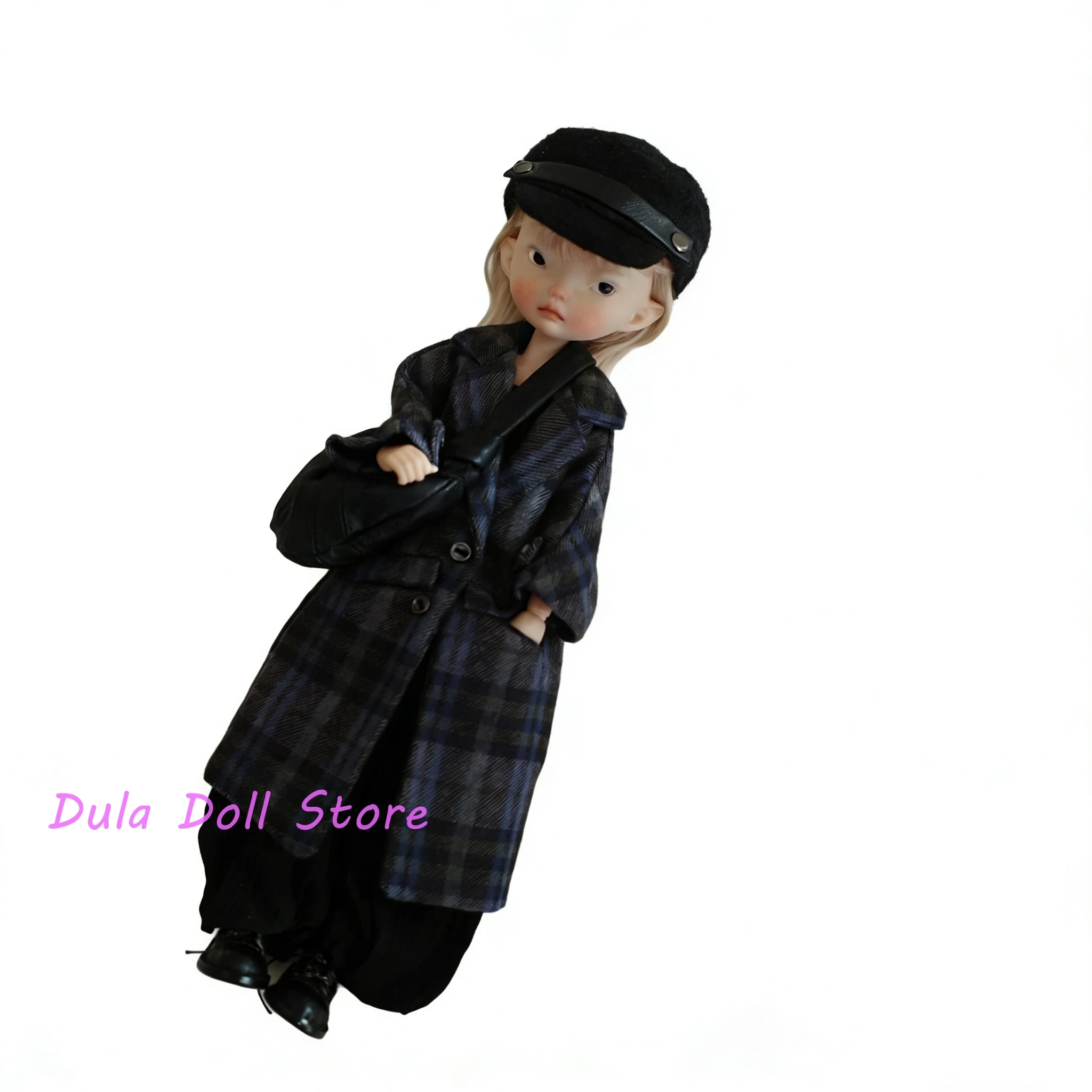 Dula Doll Clothes British-style gray-black patterned long coat for Blythe Landoudou Landazz ob24 ob22 Azone Licca ICY Doll
