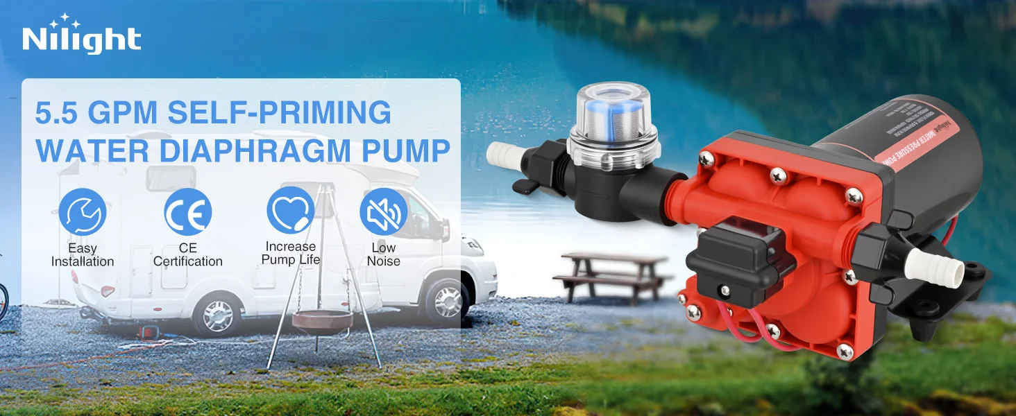 Nilight RV Water Pump 12V Camper Water Pump 5.5 GPM 70 PSI with Pressure Switch & Strainer Heavy Duty Diaphragm Pump Self-Priming Low Noise for RV Camper Marine Yacht Caravan Trailer, Fresh Water Transfer Pump for Motorhome Boat Caravan Outdoor System