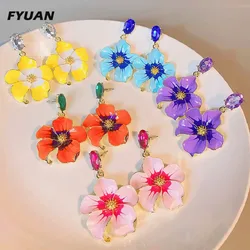 FYUAN Korean Style 5 Color Enamel Flowers Drop Earrings for Women Green Pink Blue Dangle Earrings Ladies Party Wedding Jewelry