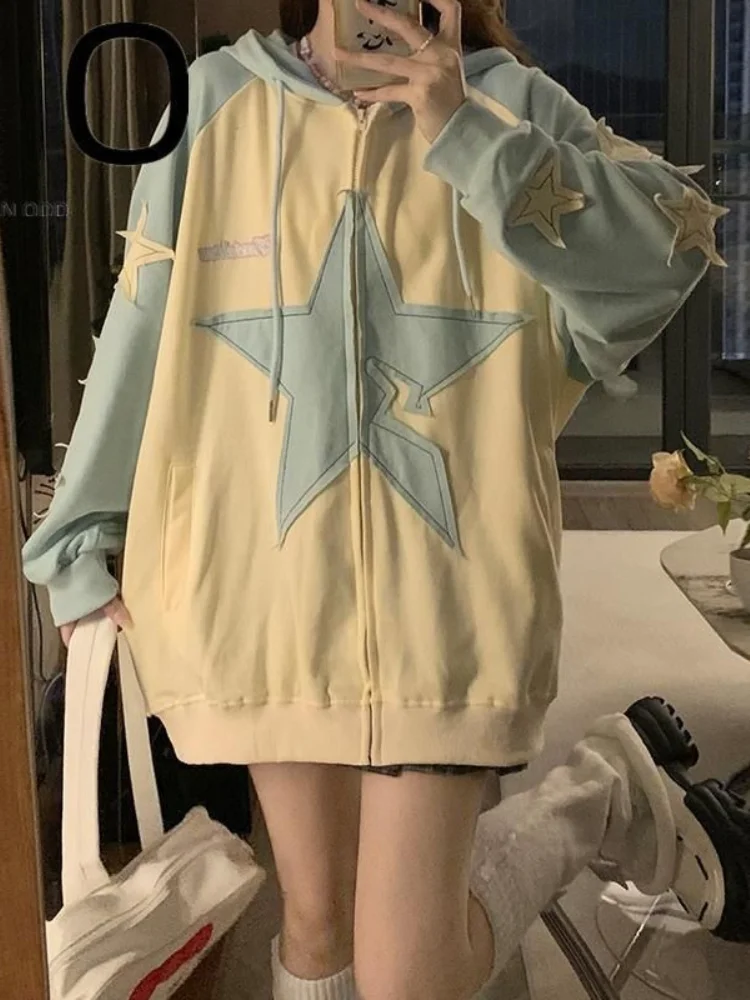 Deeptow Y2K Harajuku Sweet Embroidered Star Hoodies Women Contrast Color Loose Casual Zip Up Aesthetic Vintage Fashion Tops New