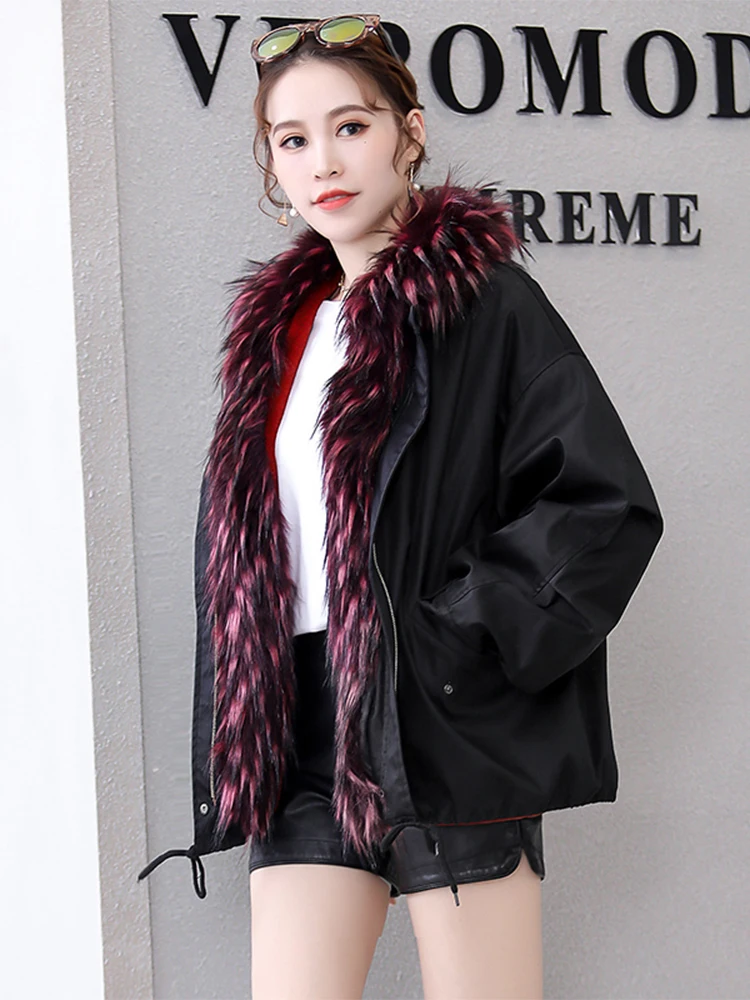 Nerazzurri Winter Black Thick Warm Faux Fur Lined Parka Women with Detachable Faux Rabbit Fur Lining Inside Fluffy Jacket 2024