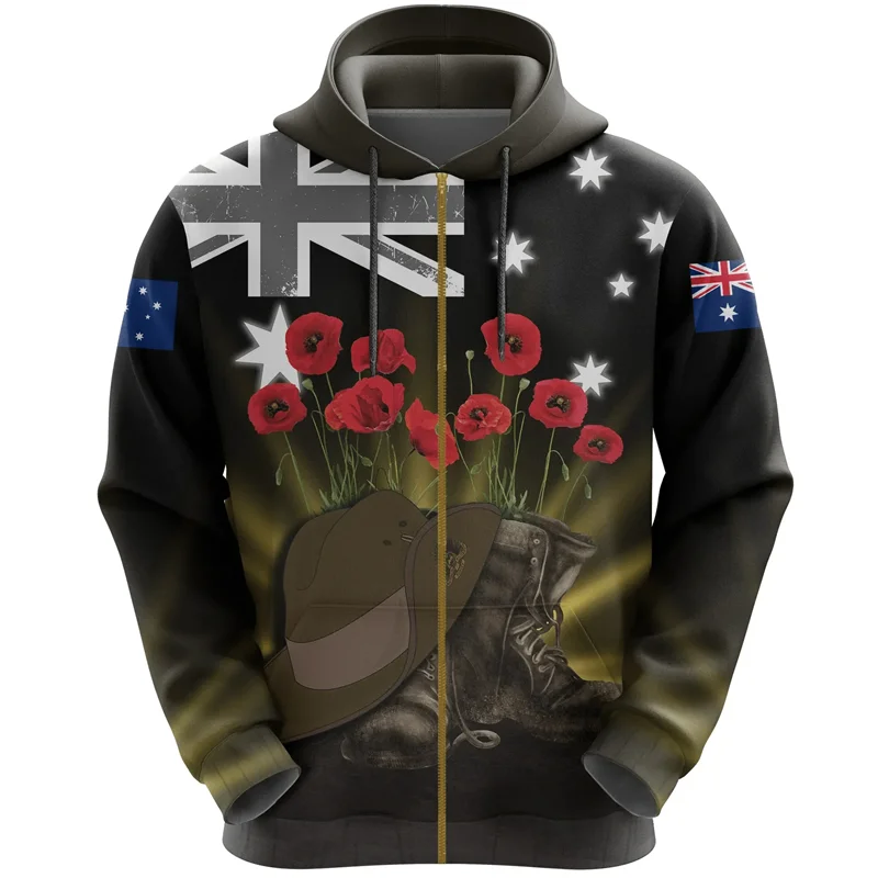 Anzac Day 3D Print Zip Up Hoodie For Men Clothes Lest We Forget Australia New Zealand Hero Sweatshirts Remember Flower Pullovers