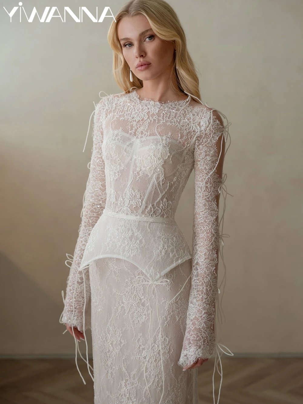 

Dreamy Beaded Lace Mermaid Wedding Dress Modest Oneck Long Sleeve Bridal Gown Customized Ivory Elegant Dresses For Bride
