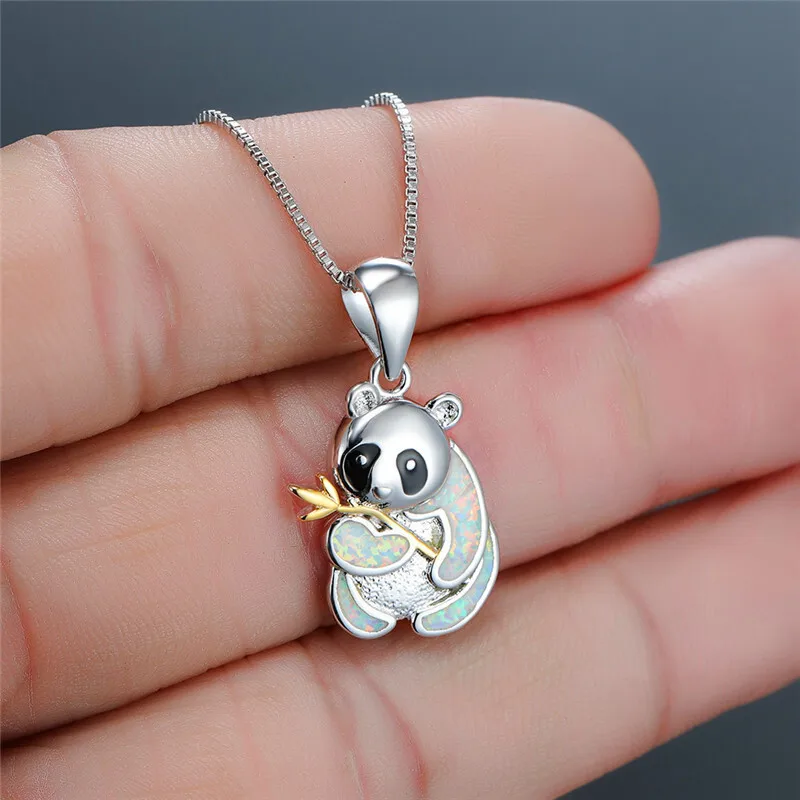 Womens White Simulated Opal Animal Cute Panda Pendant Necklaces White Gold Jewel