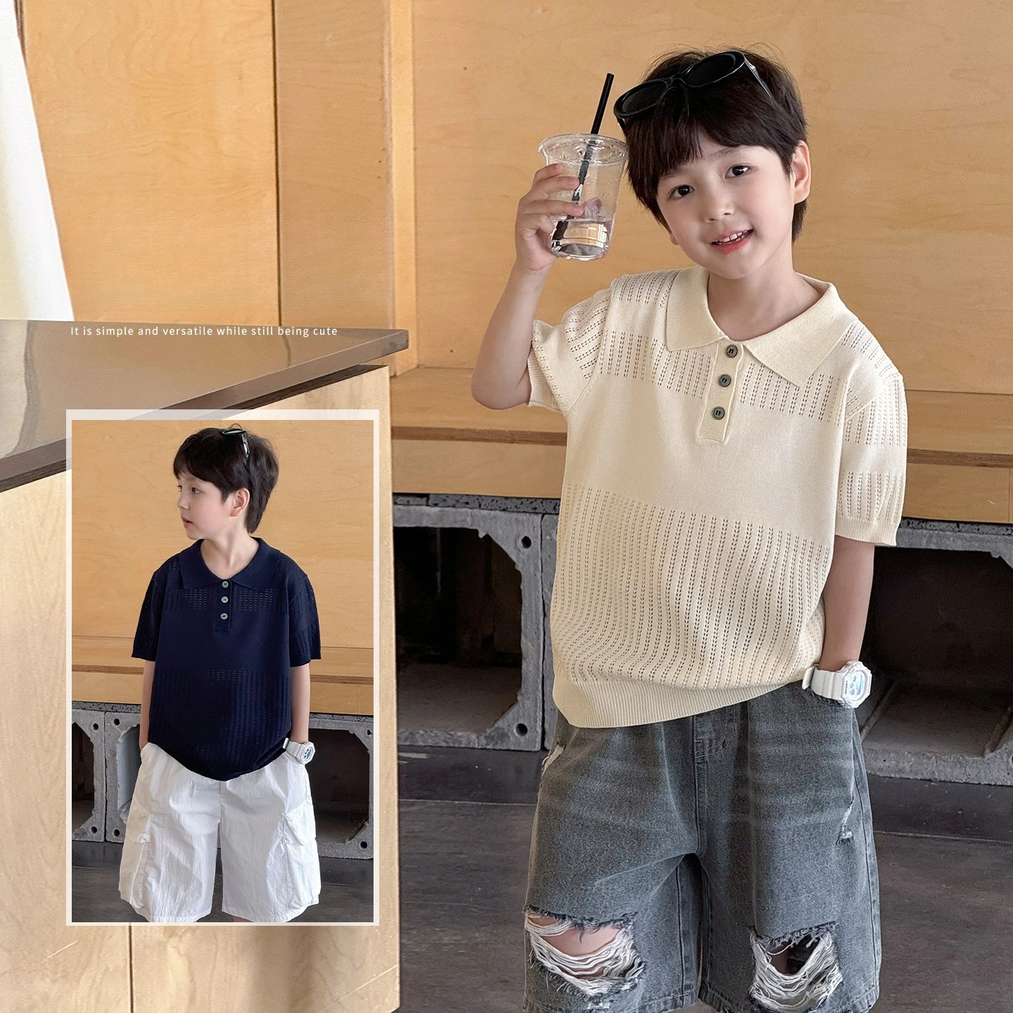 

2026 Boys' Summer New Short Sleeved Knitted Sweater Ice Silk Polo Collar Korean Edition Handsome