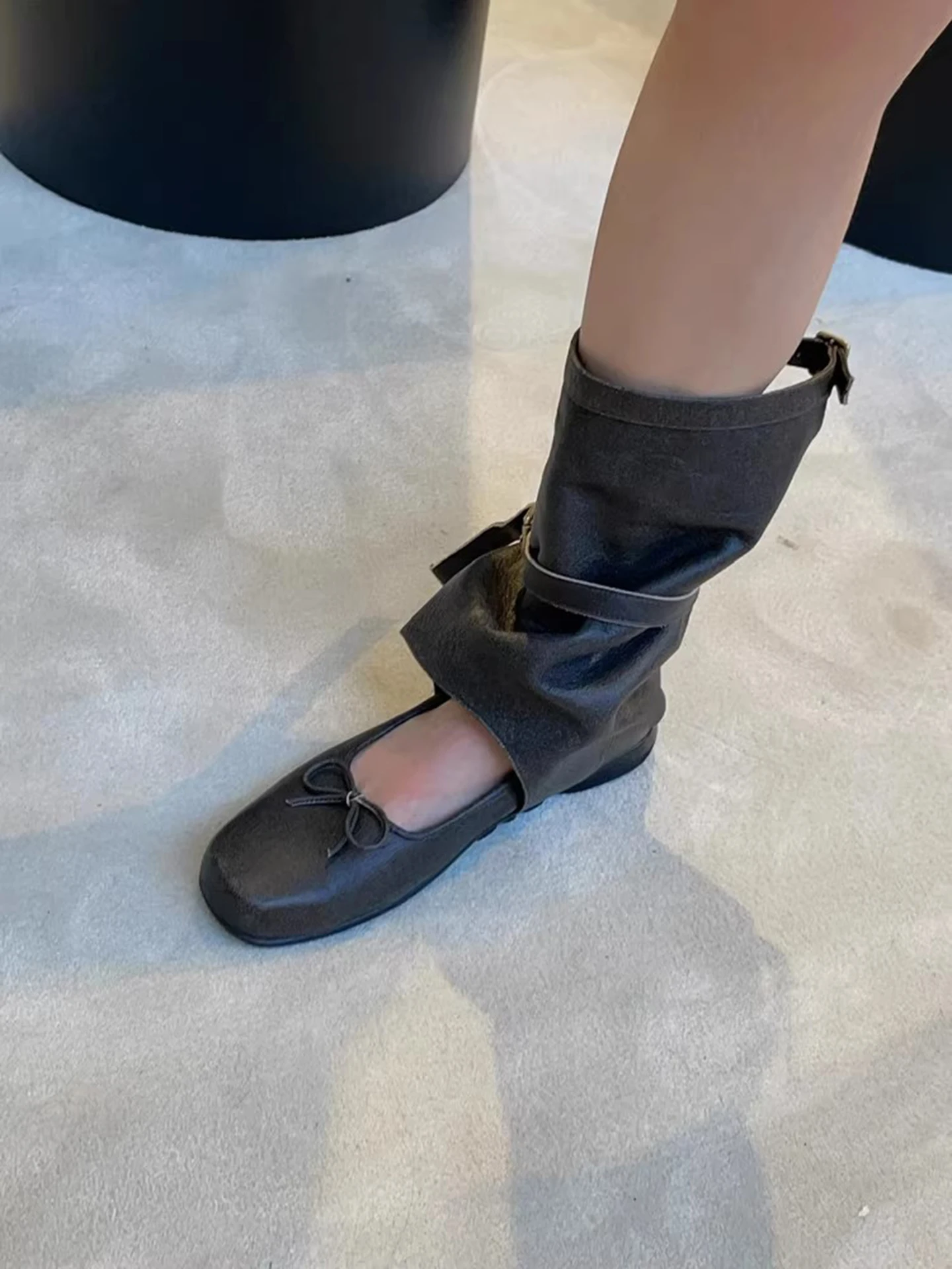 retro-ballet-sport-single-shoes-women's-increased-height-leather-mid-calf-boots-fashionable-flats-comfortable-rubber-sole