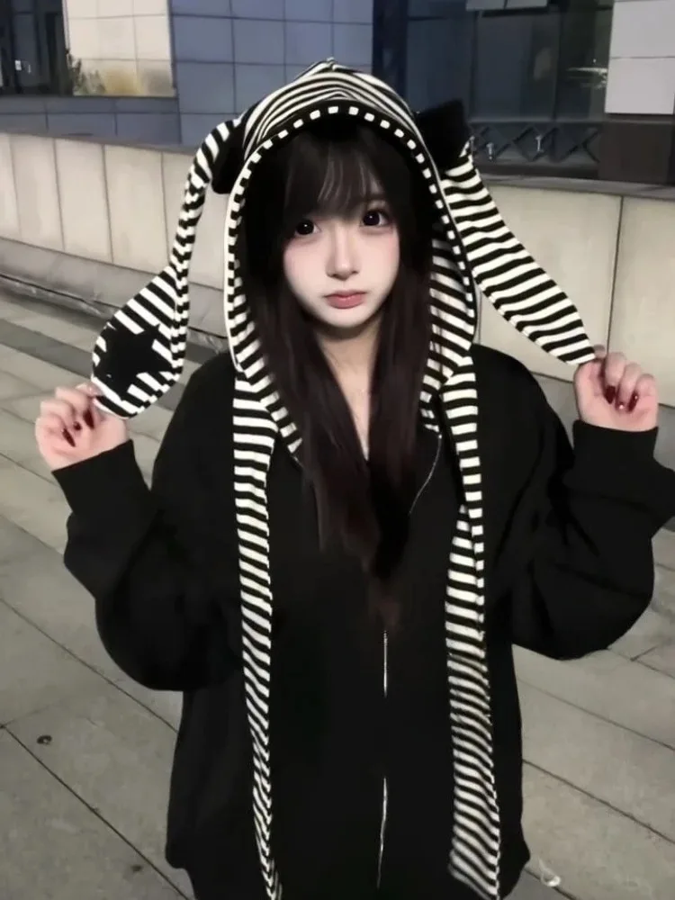 Felpe con cappuccio Harajuku da donna con patchwork a righe Kawaii Grunge Streetwear Felpa con cappuccio allentata casual Y2k Felpa con cerniera estetica Grunge