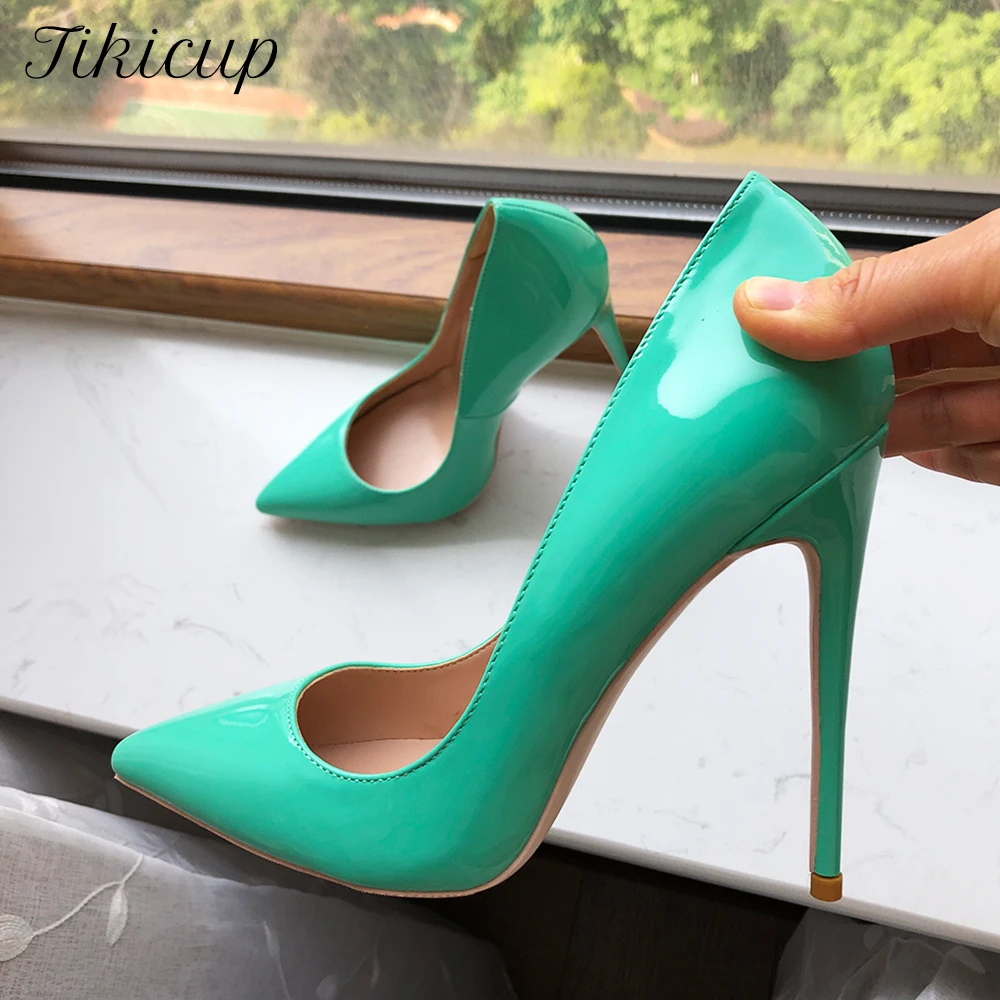 Tikicup Glossy Mint Green Women Pointy Toe 8cm 10cm 12cm High Heel Shoes Slip On Stiletto Pumps Plus Size 33-45 Colors Customize