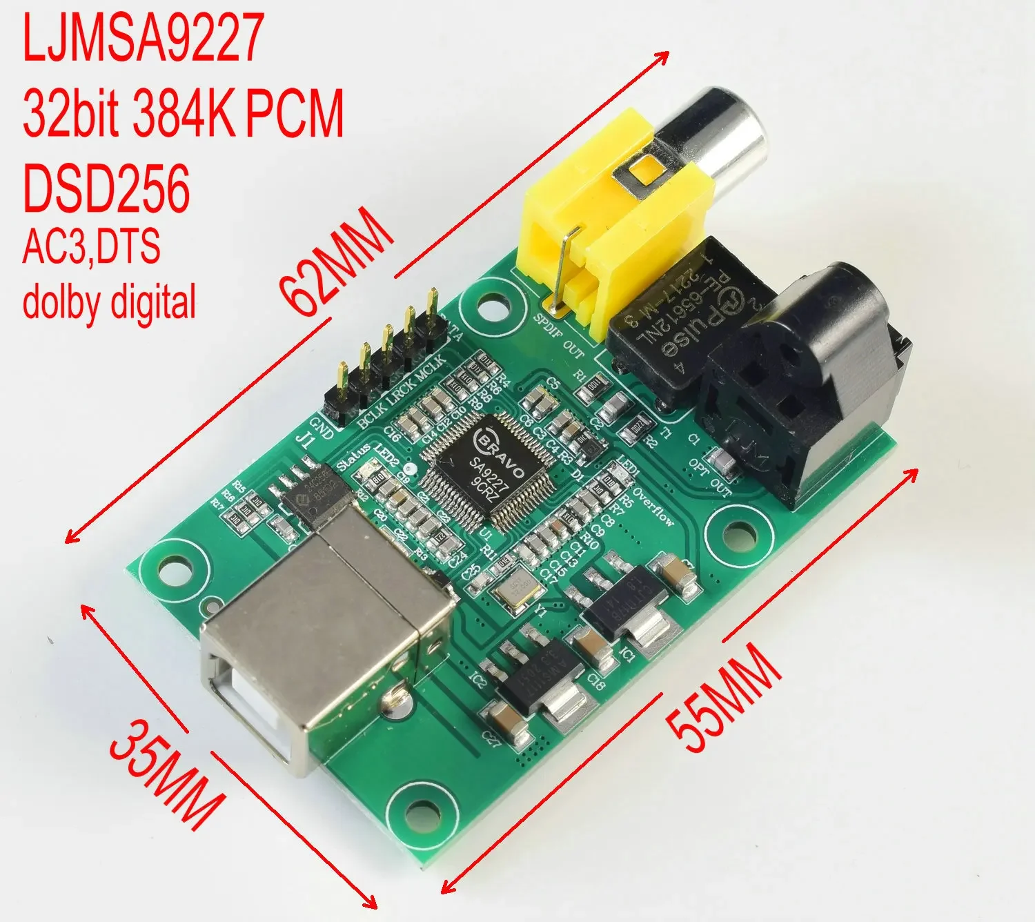 SA9227 USB To SPDIF Optical I2S.32BIT 384K DSD256 Suooprt AC3,DTS,DOLBY Digital Source Output