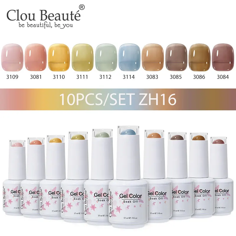 

Clou Beaute 10pcs Jelly Semi-Transparent Color Nail Gel Art Manicure Soak Off LED UV Gel Nail Varnishes Red Nude Color Glitter