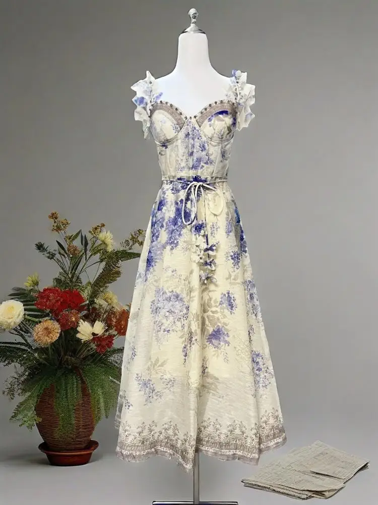 

‘’‘Camisole Dress Women Summer New Style High-End Sense Light Luxury Socialite Printed Gown Waist Slim A-Line Strapless Long